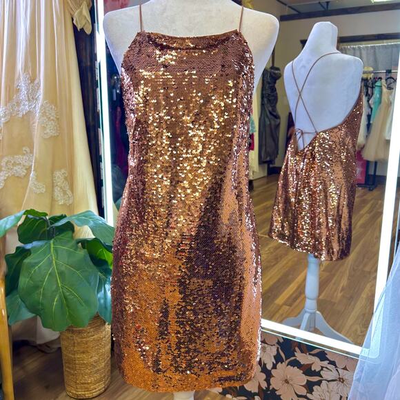 Y2K Vintage Bronze Sequin Mini Swing Dress XS S Holiday Cocktail clubwear NYE - Picture 3 of 8